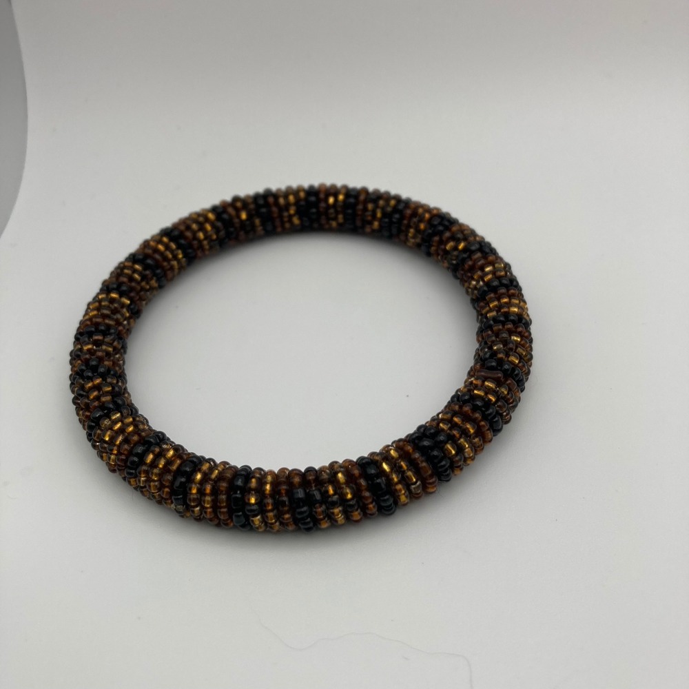 Handmade Glass Seed Bead Roll On Bracelet Amber Bronze Black Boho Bangle